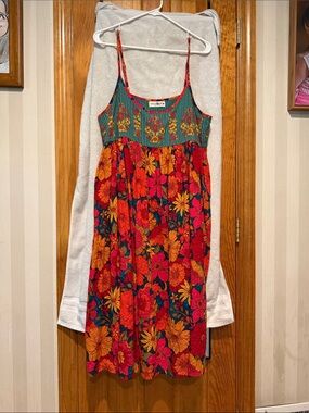 NATURAL LIFE Teal Stripe Floral Gigi dress with Pink & Orange Trim